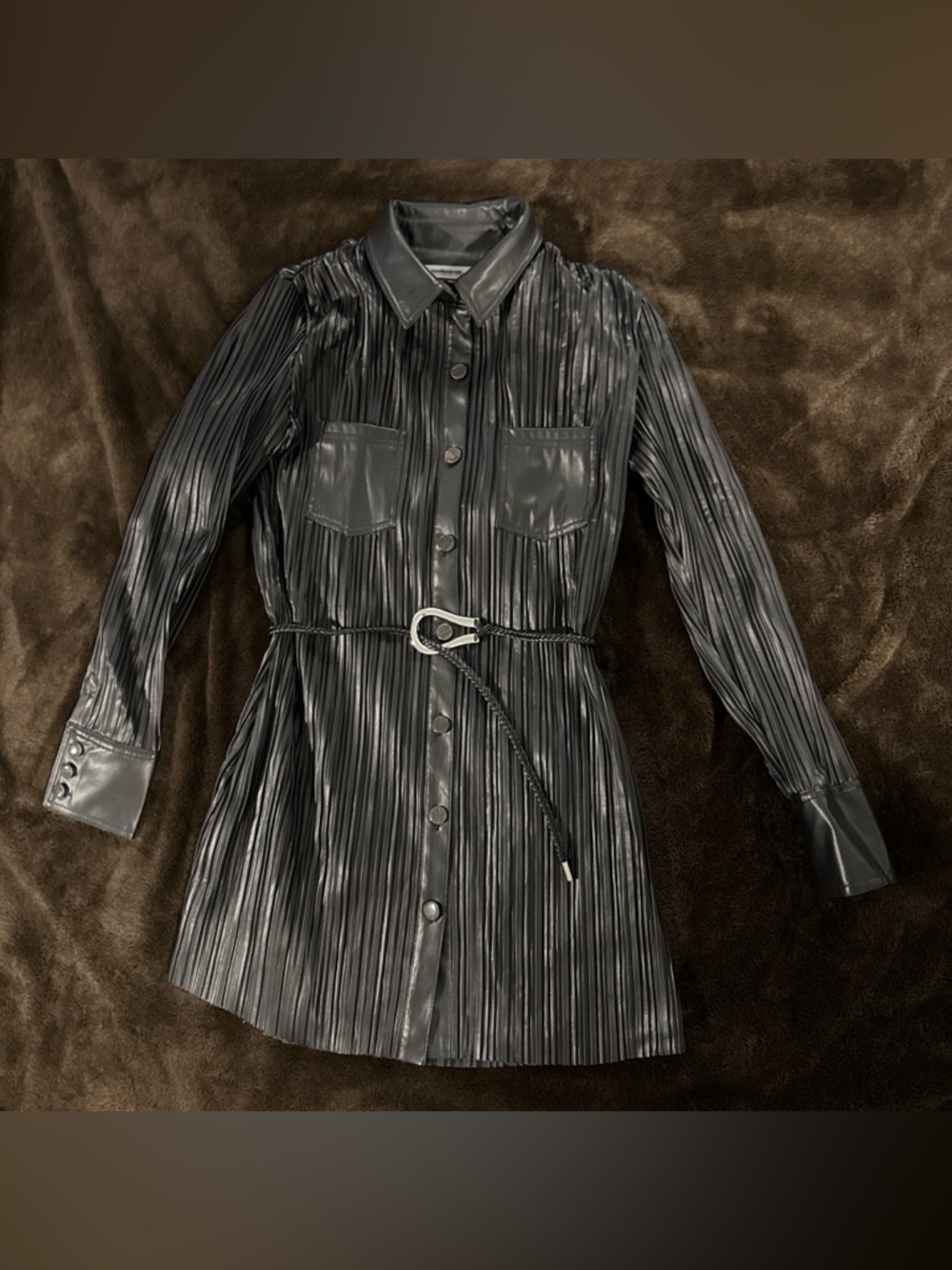 Maniere De Voir Black Long Sleeve Pleated Shirt Dress